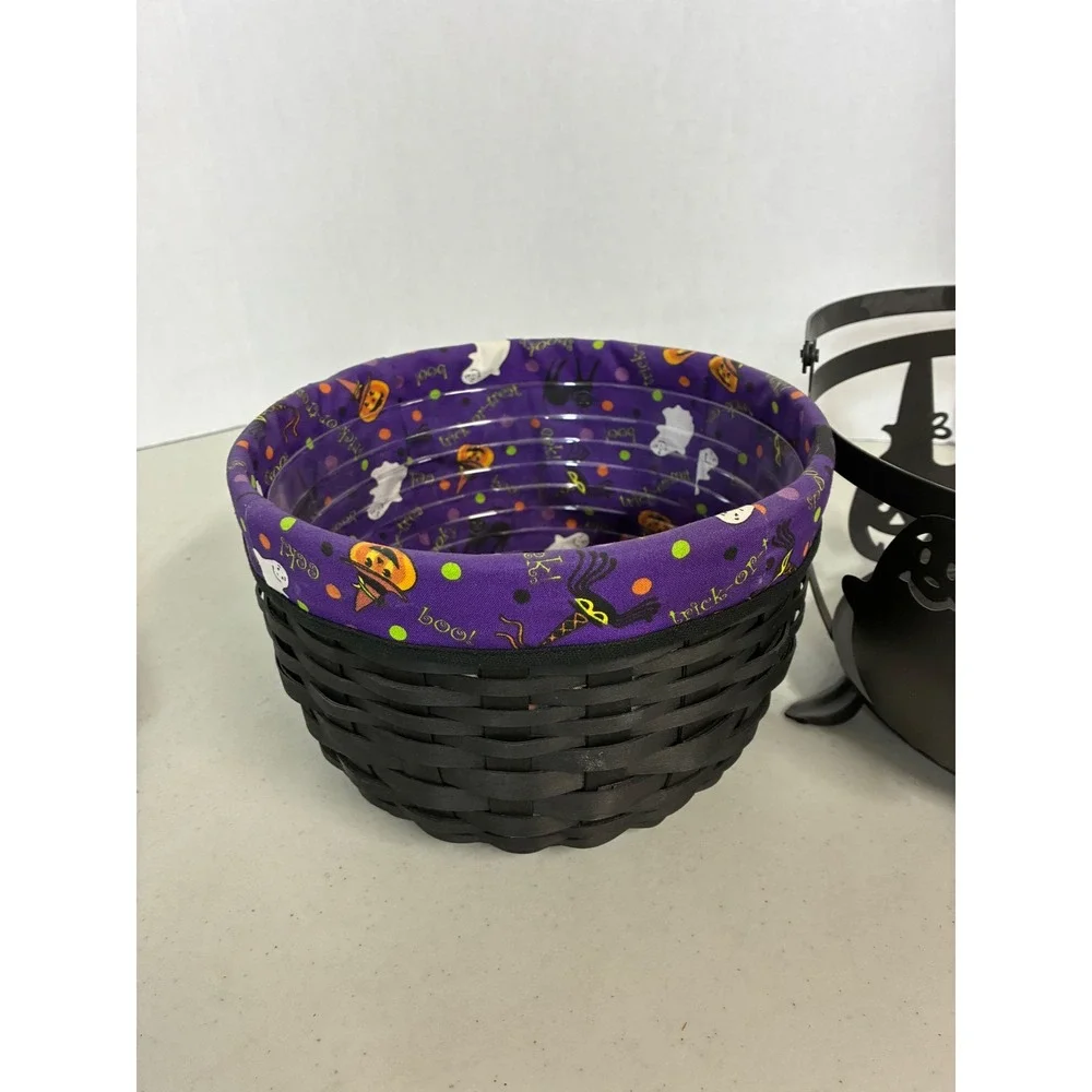 Longaberger‎ Halloween Basket Black Woven Metal Stand Ghost Cat Liner Protector